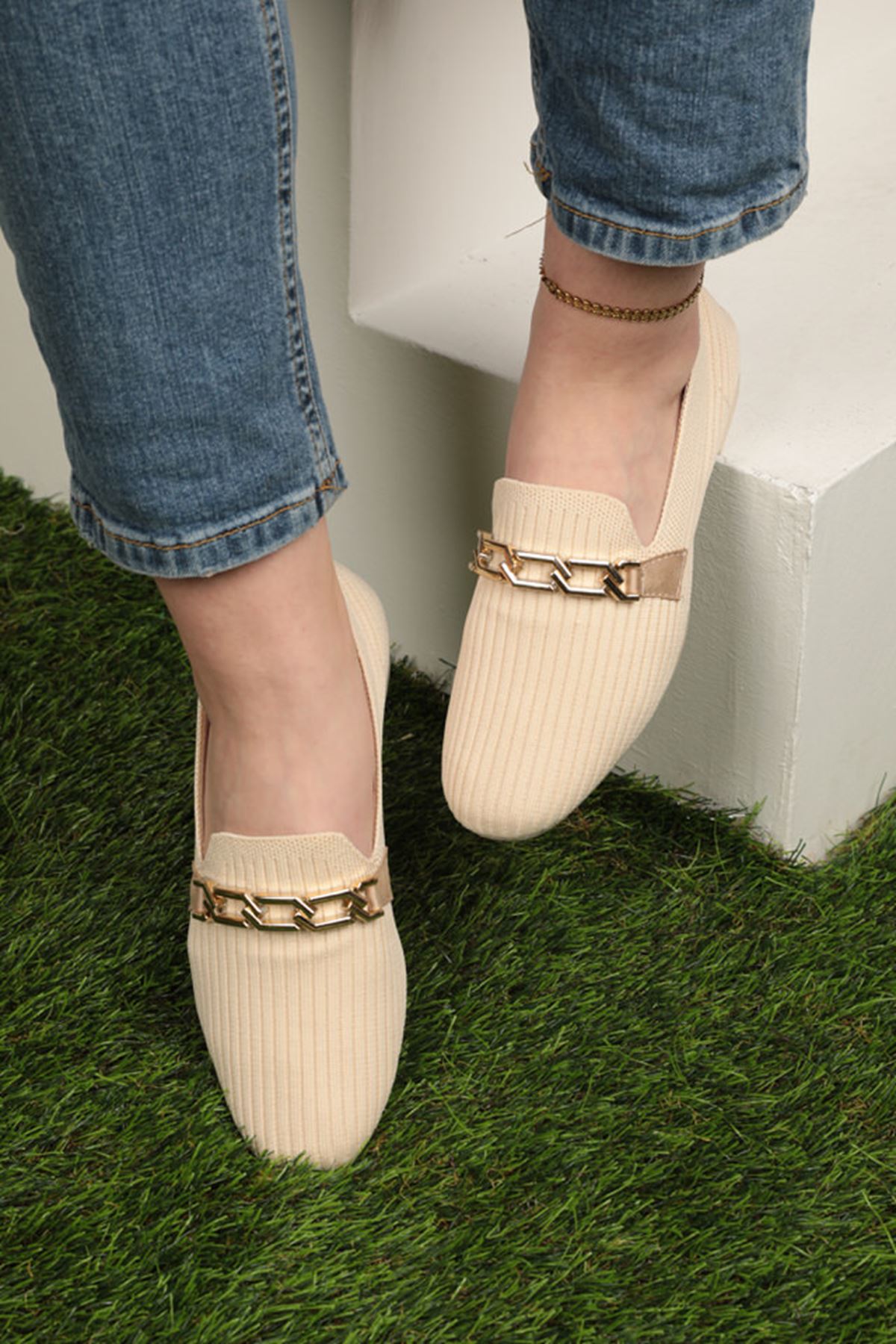 Triko Zincir Metal Tokalı Kadın Loafer Ayakkabı